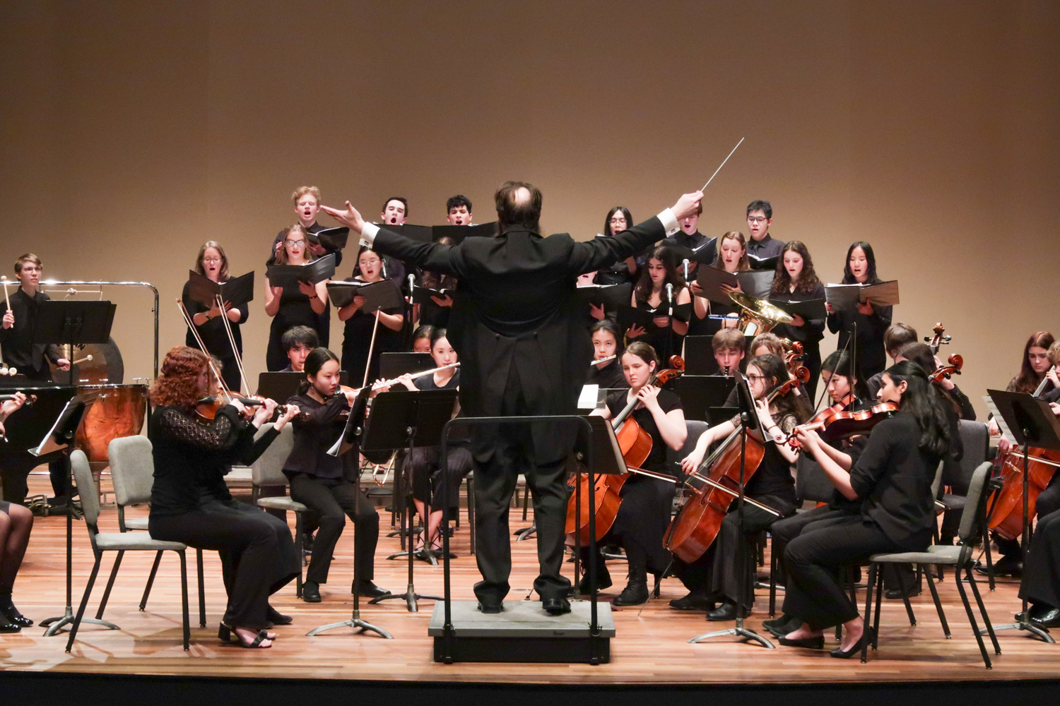 A high school orchestra playing music in a concert hall with the conductor gesturing powerfully